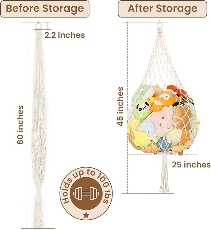 Stuffed Animal Storage Hammock Plushie Net 60-inch Stuffed Animal Net Corner for Kids' Wall Room Decor Hanging Toy Storage Plushie Net Organizer Holder Kids Baby Nursery Wall Bedroom Home Decor (L)