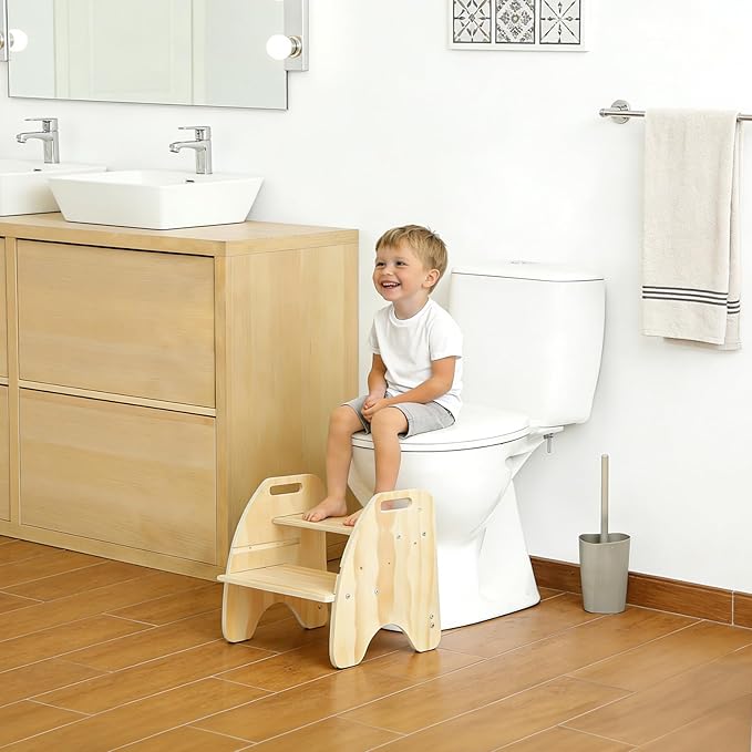 comfoyar Wooden Toddler Step Stool, 2 Step Stool for Kids with Handles and Anti Slip Pad, Convertible Back Chair, Height Adjustable Potty Training Helper Stool for Bathroom Sink, Bedroom