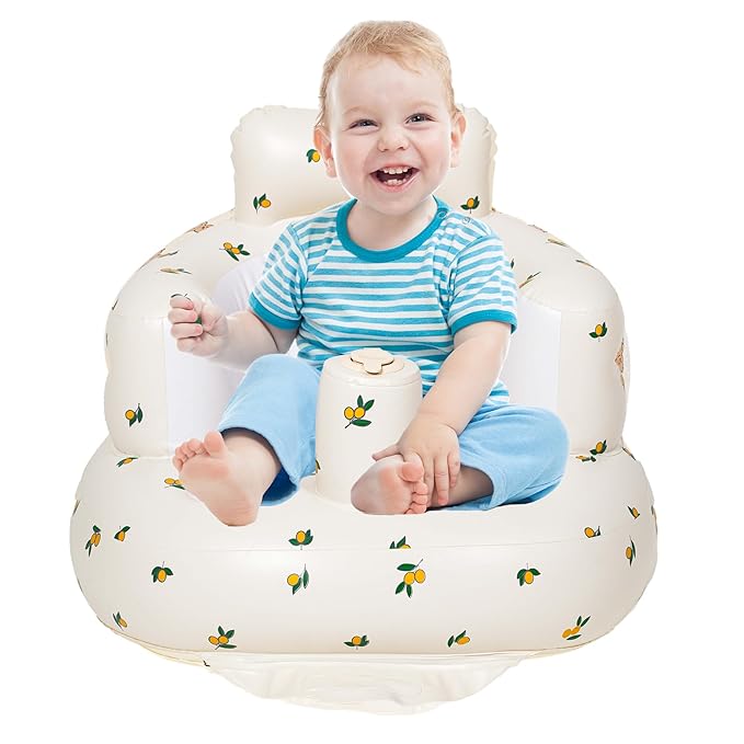Inflatable Baby Seat Blow up Chair Inflatable Infant Chair for Babies 3-36 Months Learn to Sit up Floor Seat Bliss Built in Air Pump Olive Flower