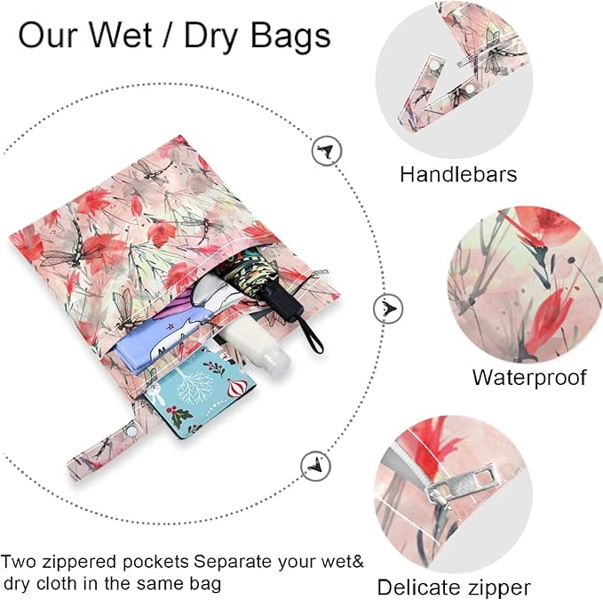 visesunny Red Poppy Peony Splash 2Pcs Wet Bag with Zippered Pockets Washable Reusable Roomy for Travel,Beach,Pool,Daycare,Stroller,Diapers,Dirty Gym Clothes, Wet Swimsuits, Toiletries
