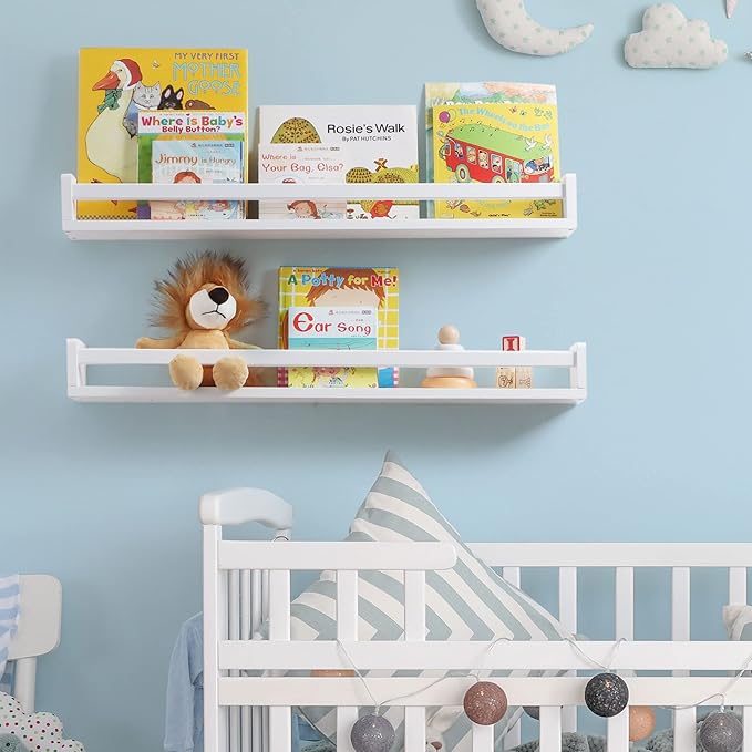 Fun Memories Nursery Book Shelves - Rustic Natural Solid Wood Floating Bookshelf for Kids - Wall Book Shelves for Kids Room (White, 32inch - 2P)