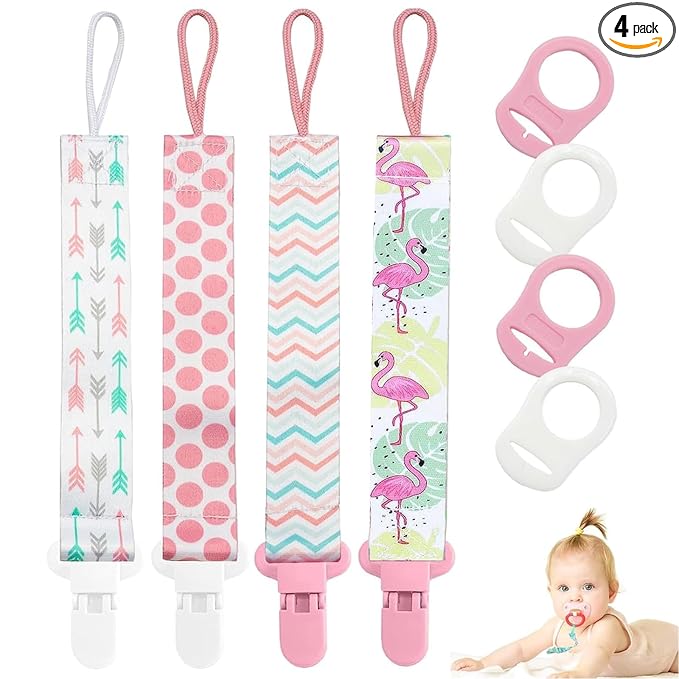 4 Pcs Baby Dummy Strap Clip, Pacifier Clip Dummy Holder Straps with 4 Silicone Adapter, Soother Chains Clips Fit All, Soothers, Teething Toys, Baby Essentials