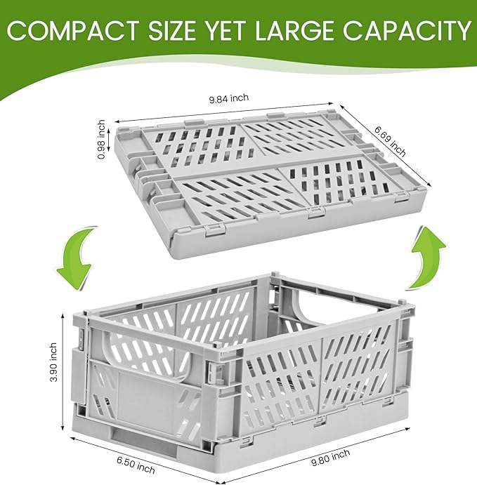 HUUSMOT 2-Pack Small Pastel Plastic Storage Baskets, Collapsible Crates for Organizing, Space-Saving Mini Bins for Classroom, Kitchen, Office, Bedroom (Grey, 9.8" x 6.5" x 3.8")