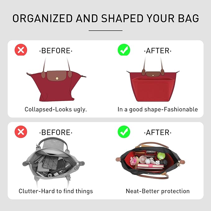 Premium Felt Purse Organizer Insert Compatible with Longchamp Le Pliage Large, Zipper Lightweight Long Champ Bag Organizer Insert with Cup Holder, 8 Compartments (Red,L)