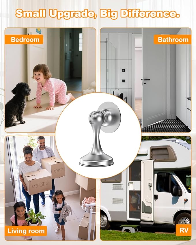 Crosize Magnetic Door Stoppers 8 Pack, Stainless Steel Door Stops for Wall and Floor Mounting, Door Holder Keep Door Open, No Drilling Door Stop with 3D Adhesive Tapes, Silver