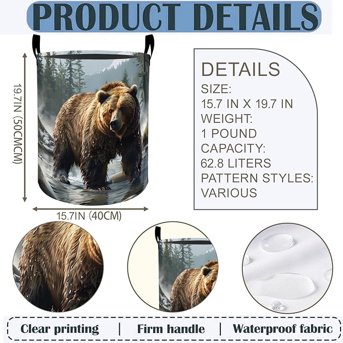 Bear Laundry Basket Hamper 19.7"x15.8", Wild Grizzly Animal Foldable Waterproof Oxford Clothes Storage Bucket for Room Bathroom Bedroom Nursery Decor, Toy Organizer Bins Gifts for Kids Boys Girls