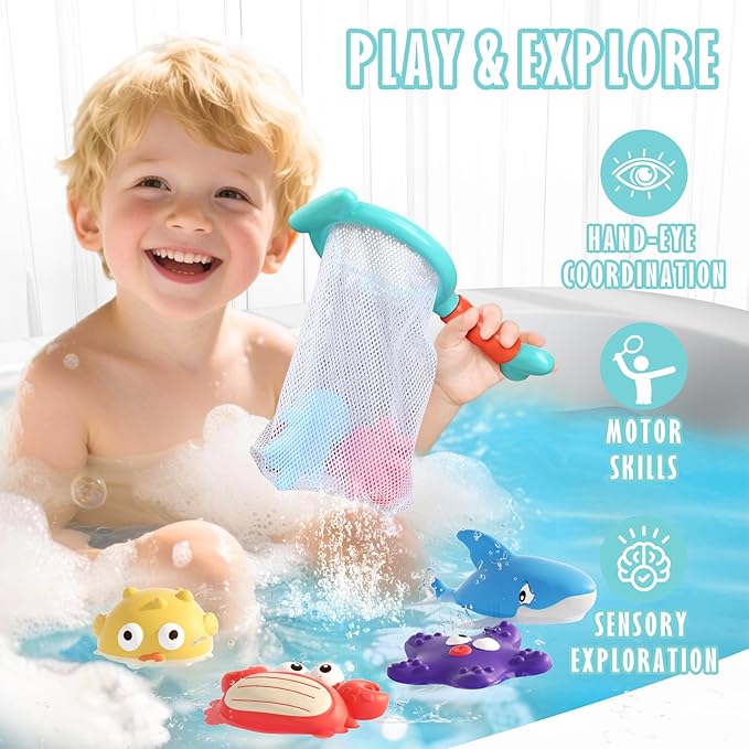 Mold Free Bath Toys for Toddlers, No Hole Baby Bath Toy Set with Storage Bag, Ocean-Themed Bathtub & Pool Toys for Infants 6-12 Months and Kids Ages 1-3, 2-4 & 3-5