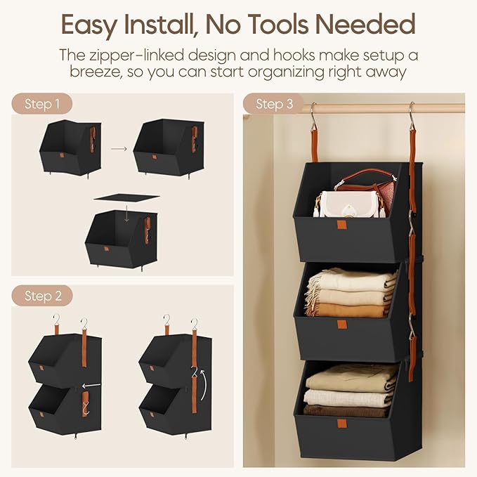 Collapsible Hanging Closet Organizer - 6 Tier Closet Shelves Storage System with Hooks, Fabric Hanging Storage Bins for Clothes, Foldable Storage Basket for Laundry, Bedroom, Rv, Black