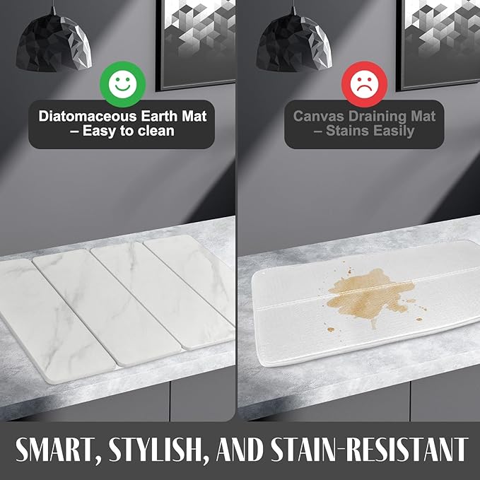 Large Stone Dish Drying Mats for Kitchen Counter, 24"(L)×16"(W) Marble Quick Dry Collapsible Dish Drying Mat, Eco-Friendly Absorbent Diatomaceous Earth Mats for Dishes Cups, Match Any Countertop