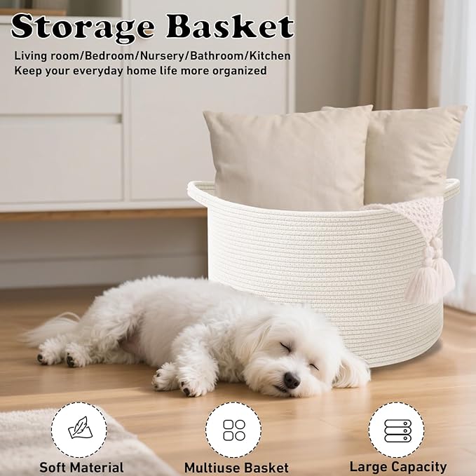 Large Storage Basket with Handle,19.7" L x 19.7" W x 13" H Blanket Basket Storage Bins for Organizing,65L Cotton Rope Woven Baskets for Living Room, Nursery,Bedroom,White