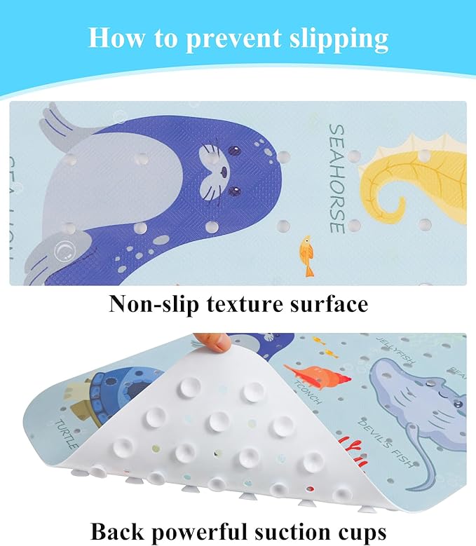 Secopad Bath Mat for Tub Non Slip, Machine Washable Anti-Slip Cartoon Baby Bathtub Shower Mat with Drain Holes and Suction Cups for Toddler & Kids, 40 Inch x 16 Inch, Blue Sea Animals