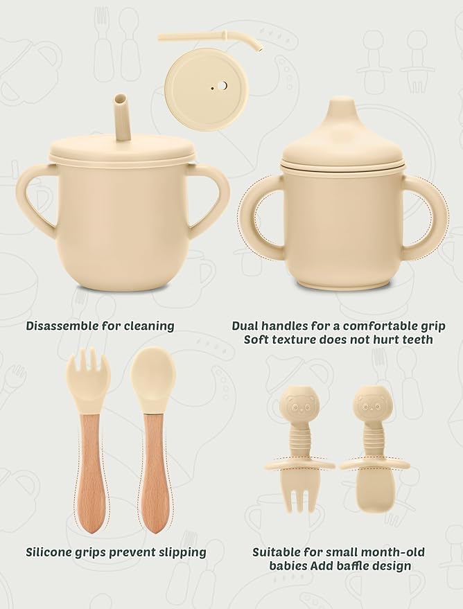 Silicone Baby Feeding Set 9 Pcs, Spill-Proof Suction Plate, Bowl, Bib, Silicone spoon&forks, Wooden Spoons&forks, Training cup with straw and Sippy Cup, Baby Eating Utensils (Pink)