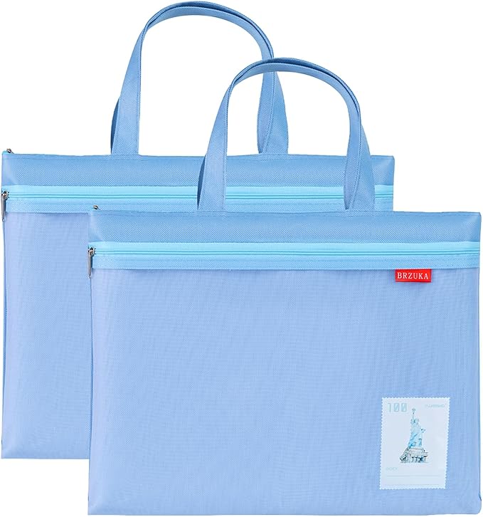 Mesh Zipper Pouch 11x13.7 in, A4 Double Pocket Waterproof File Bag with Handle, Document Storage for School/Travel/Office/Puzzle (Blue, 2pcs)