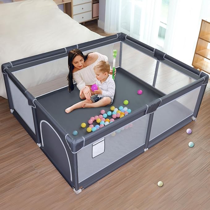 Baby Playpen, 50 x 50 inch Baby Playard, Playpen for Babies and Toddlers, Play Pen for Indoor & Outdoor, with Soft Breathable Mesh,No Gaps Playpens for Babies, Grey