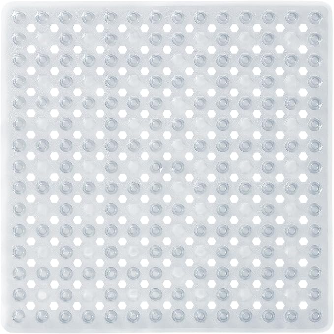 Yimobra Square Shower Floor Mat Non Slip, 21"x21" Machine Washable Bath Tub Mat, Soft on Feet, Bathmat with Drain Holes and Suction Cups, Fast Draining, Clear