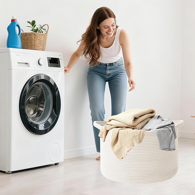 Large Storage Basket with Handle,19.7" L x 19.7" W x 13" H Blanket Basket Storage Bins for Organizing,65L Cotton Rope Woven Baskets for Living Room, Nursery,Bedroom,White