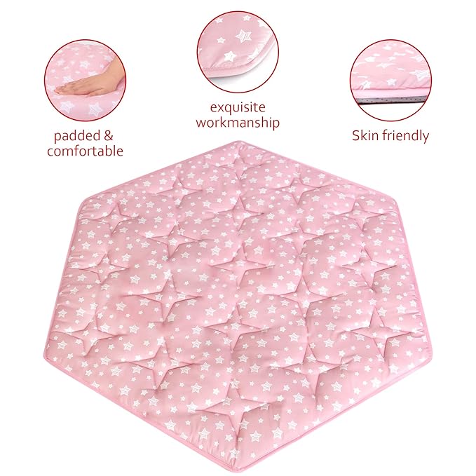 Hexagon Playpen Mat Fits POP 'N GO Baby Playpen, 59 Inch Hexagon Playpen Mattress Pad, Non Slip and Padded Play Mat Pink with Star Print