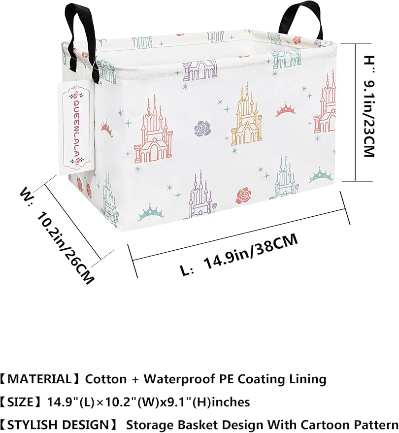 QUEENLALA Rectangular Laundry Hamper/Foldable Nursery Laundry Basket for Organizing/Storage Bin Baskets/Children Toy Office Bedroom/Toy Bin Closet Shelf Baskets（Rec-Rose Castle）