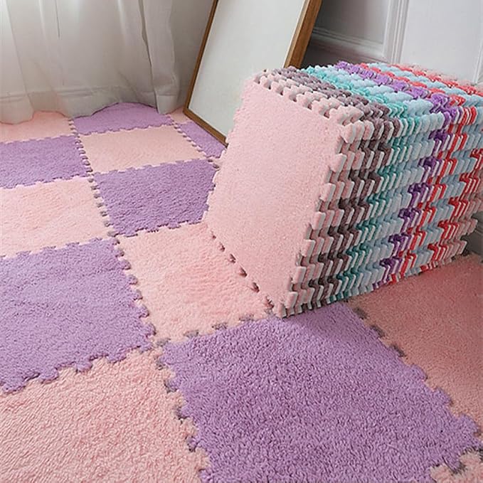 12pcs Carpet Squares Puzzle Floor Mat, Plush Interlocking Carpet Tiles, Anti Slip EVA Foam Jigsaw Floor Tiles, Build A Safe Area for Bedroom Playroom (Pink+Purple)