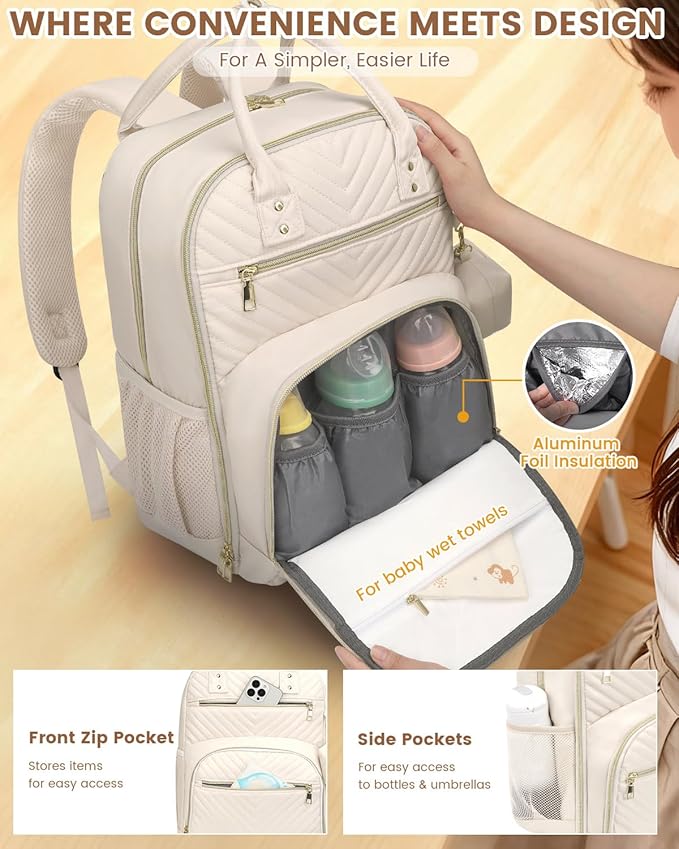 Pritent Diaper Bag Backpack,Baby Essentials Diapers Bag with Pacifier Case,Multipurpose Stylish Large Capacity Travel Backpack for Baby Girl/Boy(L-Beige)