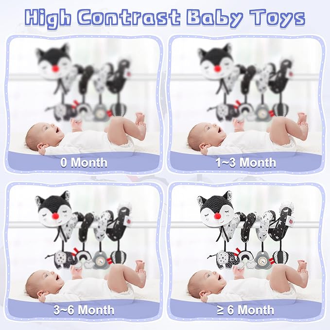 FPVERA Car Seat and Stroller Toys - Black and White Car Seat Toy High Contrast Baby Toys, Baby Plush Spiral Activity Toy for Crib Mobile, Newborn Sensory Toy Best Gift for 0 3 6 9 12 Months Infants