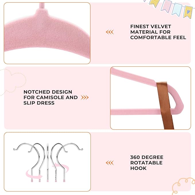 Velvet Baby Hangers with 10x Clips and 8X Dividers (30 Pack) | 11” Ultra-Slim Baby Clothes Hangers | Non-Slip Felt | Space-Saving Nursery & Infant Closet Organizer | Pink