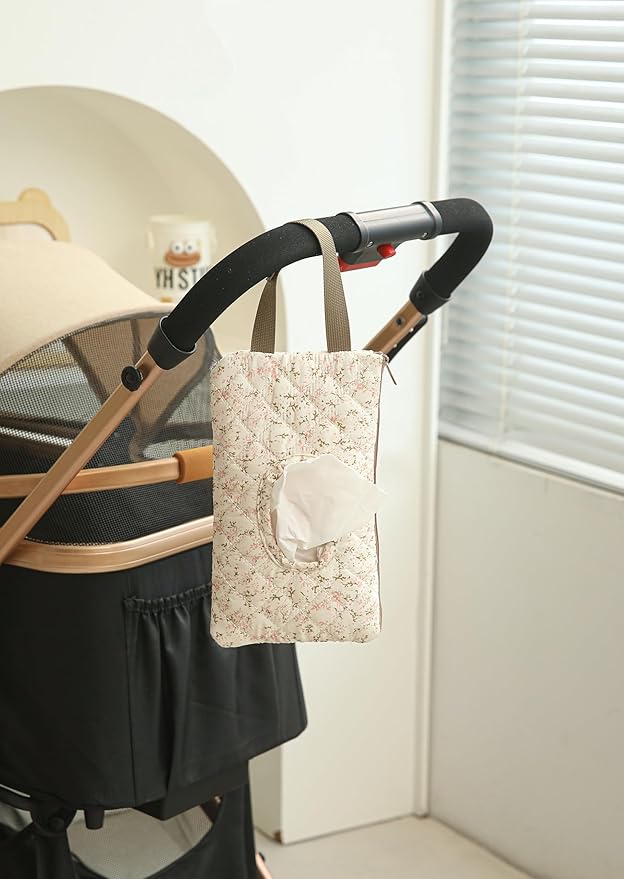 Quilted Baby Wipe Holder Quilted Wipe Pouch Portable Hanging Floral Wet Wipes Bag for Car, Stroller (Pink 3)