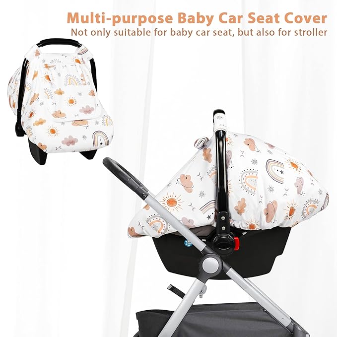 Car Seat Cover Baby, Anti-Kick Carseat Covers Baby Girl, Warm Minky Infant Car Seat Canopy with Mesh Window, Multi-Use Cover Protecting Baby from Wind, Sun, Strangers, White Rainbow
