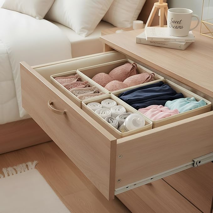 Drawer Organizer Set 4 Pack - Foldable Fabric Storage Bins with Zipper Bottom for Underwear Socks Bras Baby Clothes - Closet Dresser Organizers Dividers for Bedroom Nursery, Beige