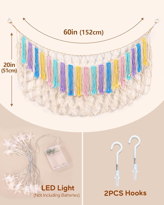 Boho Macrame Stuffed Animal Hammock with LED Lights – Large Wall Hanging Plushie Net, Corner Toy Organizer for Kids Bedroom, Nursery, Playroom & Dorm (Rainbow XXL)