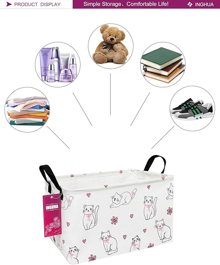 INGHUA Rectangular Storage Basket Fabric Organizer Bin for Toys,Books,Clothes,Gifts,Pets-Perfect for Home,Office,Nursery,Dorm,Shelf(Rec-Love cat )