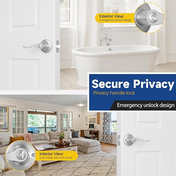 Privacy Door Handle with Lock Keyless Door Lever for Bathroom and Bedroom Satin Nickel Wave Style Interior Door Handles 2 Pack