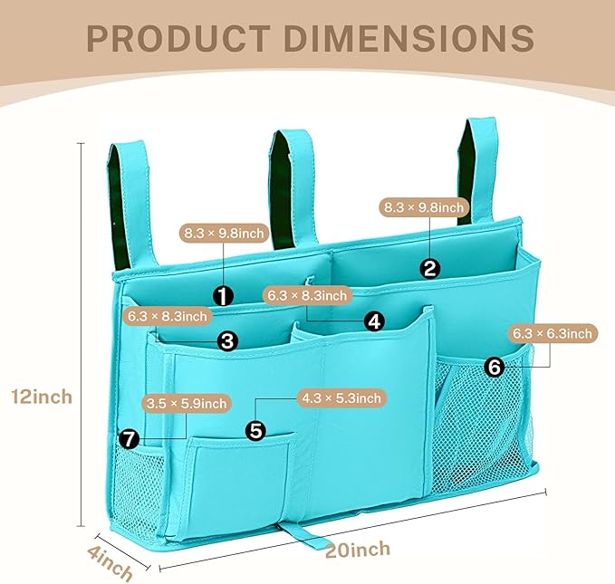 Bedside Caddy - Durable Oxford Fabric Bedside Storage and Bed Organizer，Hanging Bed Organizer for Bedroom，Bunk Bed，Dorm and Hospital(Lake Blue)