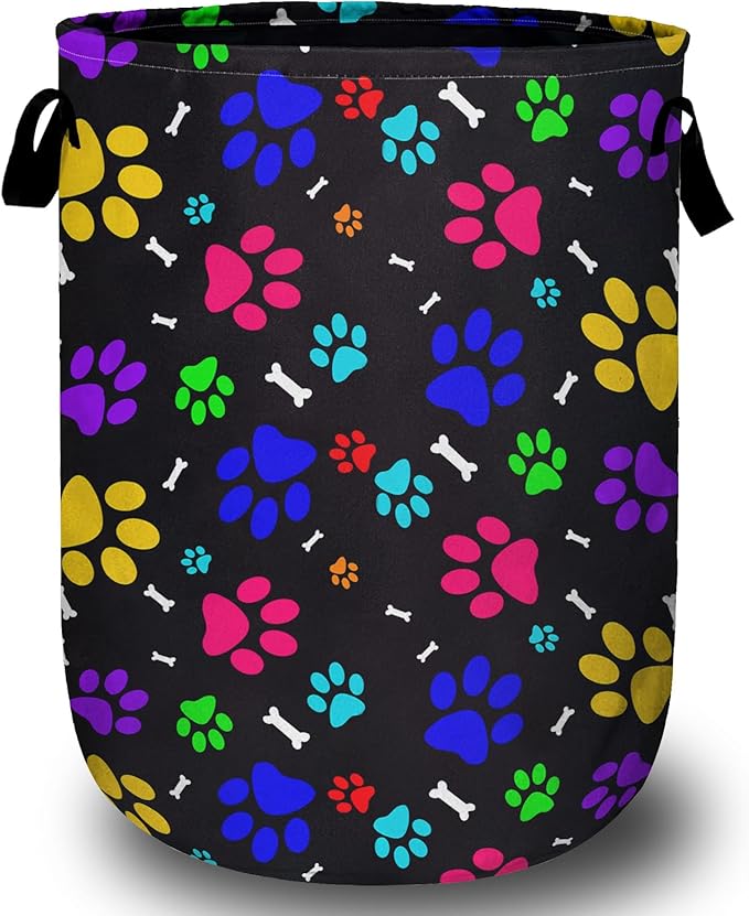 Colourful Paw Prints Bones Laundry Basket, Laundry Hamper Collapsible Oxford Cloth with Handle Clothes Toy Storage Bin for Bathroom Laundry Room Bedroom 15.7 X 20 Inch