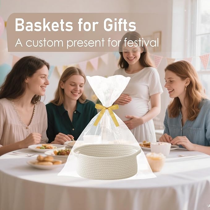 JMvicyroam Woven Basket,Small Rope Storage Bin with Handles & Ribbon Bag, Organizer for Shelves Closets,Gift Basket Empty for Birthday,Books,Dog Toys,White
