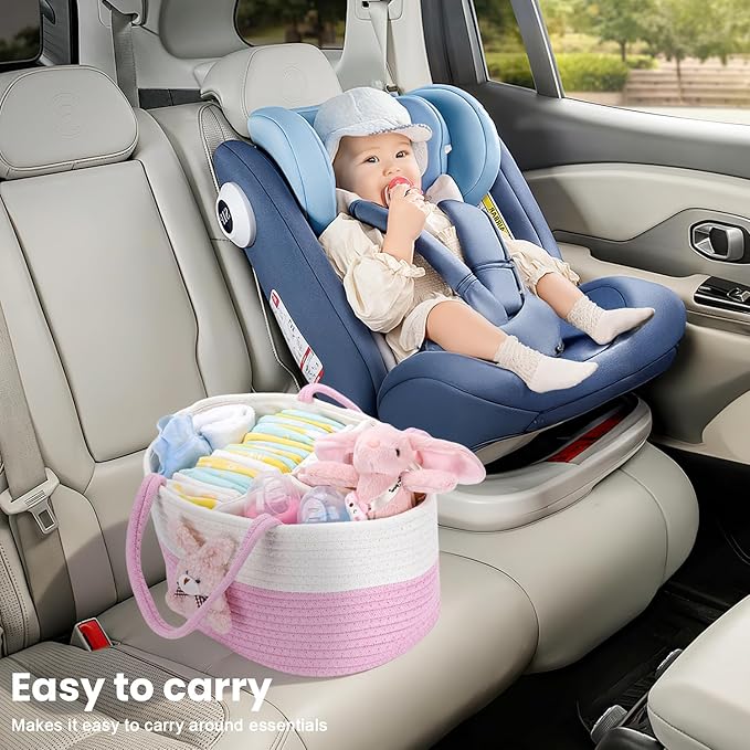 JMBNH Baby Diaper Caddy- With Removable Dividers, Nursery Storage Bin and Car Organizer,Boy & Girl Shower Gift Basket,Portable Organizer,Nursery Essentials-Pink Rabbit
