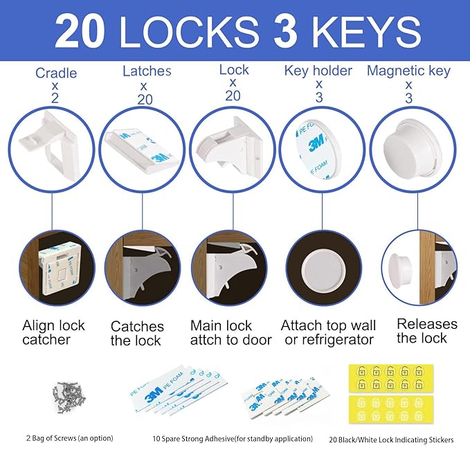 Magnetic Cabinet Locks Baby Proofing - 20 Locks & 3 Keys, No Drill Adhesive Safety Latches for Cabinets & Drawers, Child Proof Lock for Kitchen, Strong Magnet Key to Open, Easy Installation