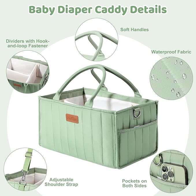 Zooawa Baby Diaper Caddy Organizer, Portable Nursery Storage Basket with Compartments, Handle & Shoulder Strap for Newborn Baby Essentials, Gift for Baby Shower, Nursery, Travel, Car, Matcha Green
