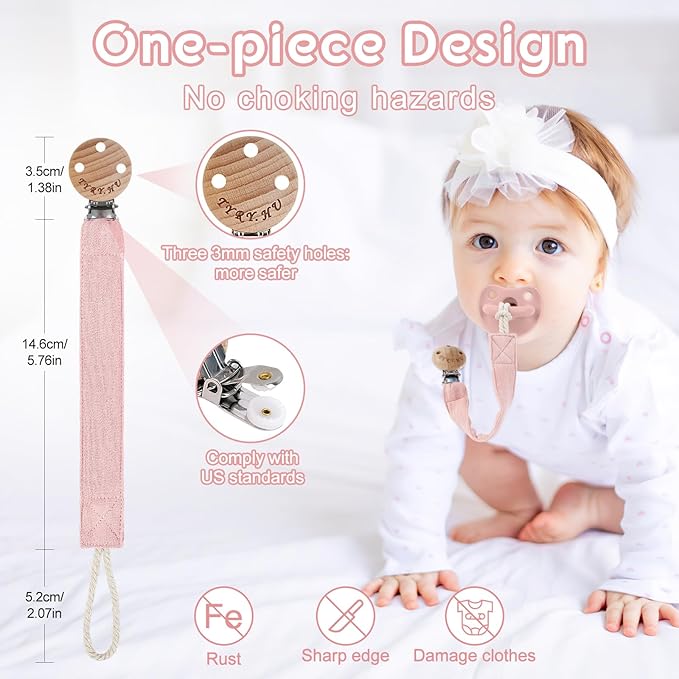 TYRY.HU Ribbon Pacifier Clip Holder,4 Pack Binky Paci Holder Clips, Pacifier Leash for Boys and Girls,Fabric Pacifier Strap Universal Fits for Most Pacifier, Styles & Teethers(Khaki,Grey,Blue,Pink)