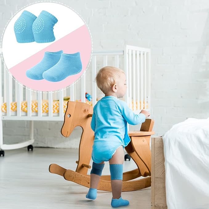 10 Pairs Baby Crawling Anti Slip Knee Pads and Anti Slip Baby Socks Set Unisex Toddler Knee Protectors Non Slip Ankle Socks