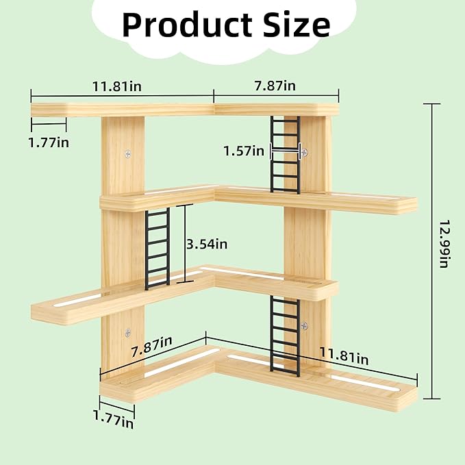 LUPWNEKA L-Shaped Tonies Shelf, 4-Tier Corner Floating Shelves for Tonies Figures (30-38 Character), Pine Wood Tonie Shelf Magnetic with MINI Ladder, Natural Display Shelves for Children Room