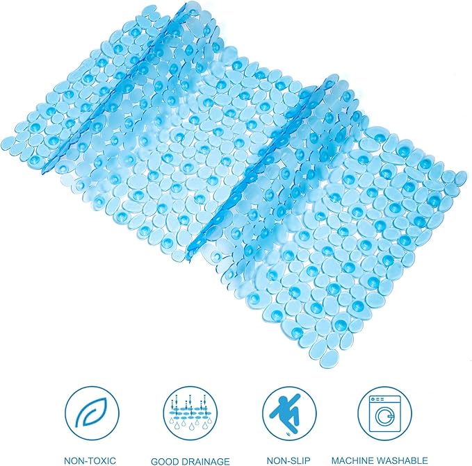 Bath Tub and Shower Mats, Non-Slip Pebble Bath Mat, 35 x 16 Inches Machine Washable Bathtub Mat with Drain Holes, Suction Cups for Bathroom (Clear Blue)