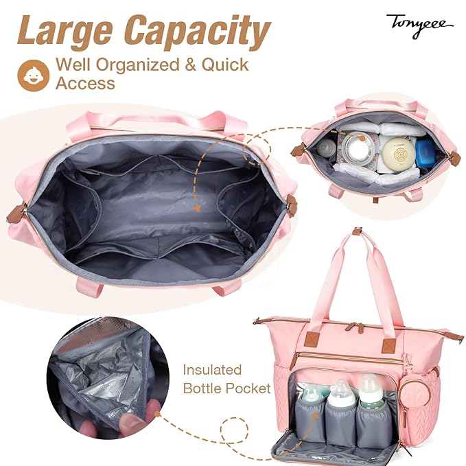 Tonyeee Diaper Bag Tote, Large Diaper Bags Waterproof, Hospital Bag for Labor Delivery, Baby Bag with Pacifier Case, Travel Diaper Tote with Changing Pad, Pink