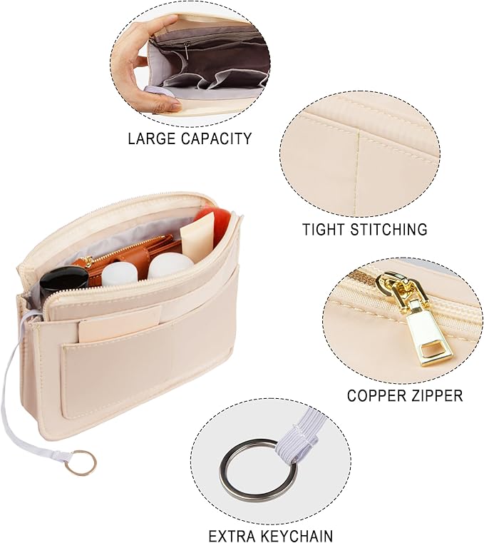 Vercord Purse Organizer Insert with Zipper for Women Hobo Handbags Shaper Insert 12 Pockets Bag Beige Small