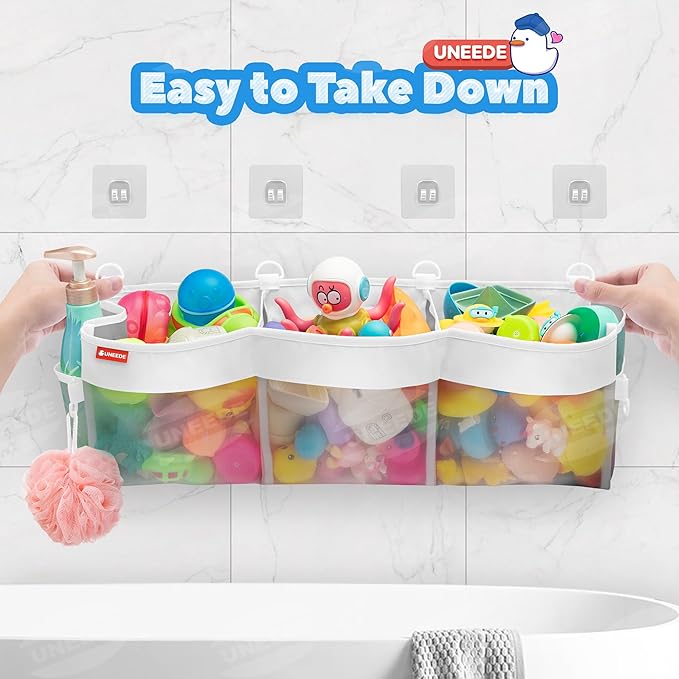 UNEEDE 4.95 Gallons 3 Compartment Horizontal Bath Toy Storage,Bathtub Toy Storage Organizer,Bath Toy Holder For Bathtub,Baby Bath Toy Organizer For Tub,Mesh Shower Caddy(Gray)