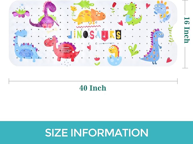 Tubozadi Bath Mat for Tub for Kids Dinosaur Non Slip Bathtub Mat for Baby Toddler 40X16 Inch Long Anti Skid Bathroom Shower Mat with Suction Cups & Drain Holes
