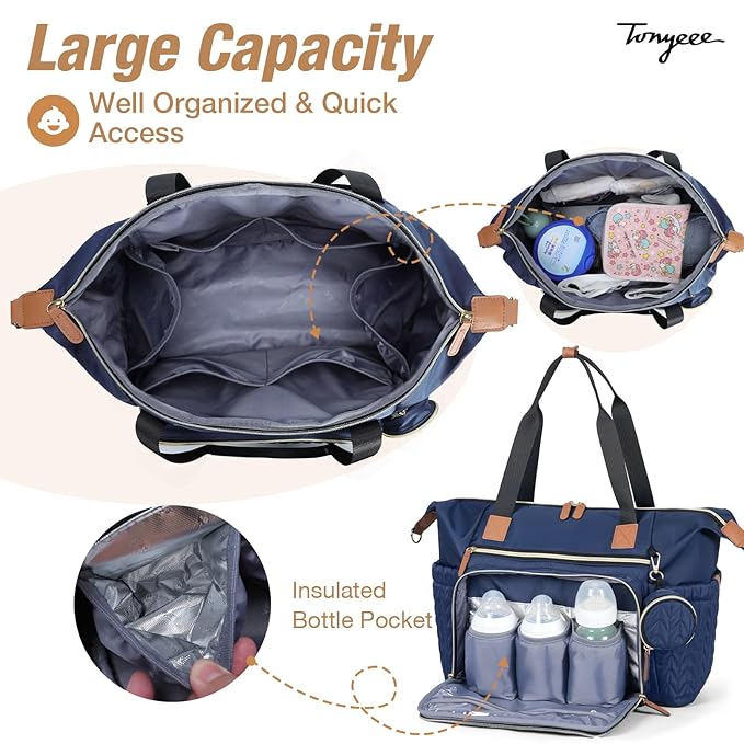 Tonyeee Diaper Bag Tote, Large Baby Diaper Bags Waterproof, Hospital Bag for Labor Delivery with Pacifier Case, Changing Pad, Shoulder Strap, Dark Blue