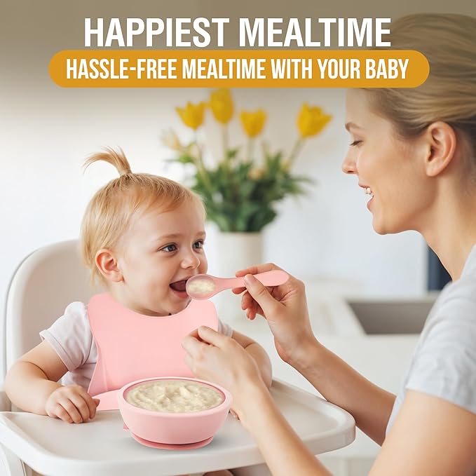 6 Piece Baby Bowls With Suction and Lids | Toddler Bowl Set with 1 Bowl, 1 Bib, 2 Baby Spoons, 1 Large Spoon, 1 Large Fork, Baby Feeding Essentials (1, Autumn)