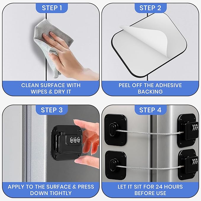 Refrigerator Lock - 2 Pack Cabinet Locks with Strong Adhesive, ABS Plastic & Steel Cable, 3 Digit Combination Code Locks for Fridge, Cabinets, Closets & Drawers Easy to Install No Keys Needed (Black)