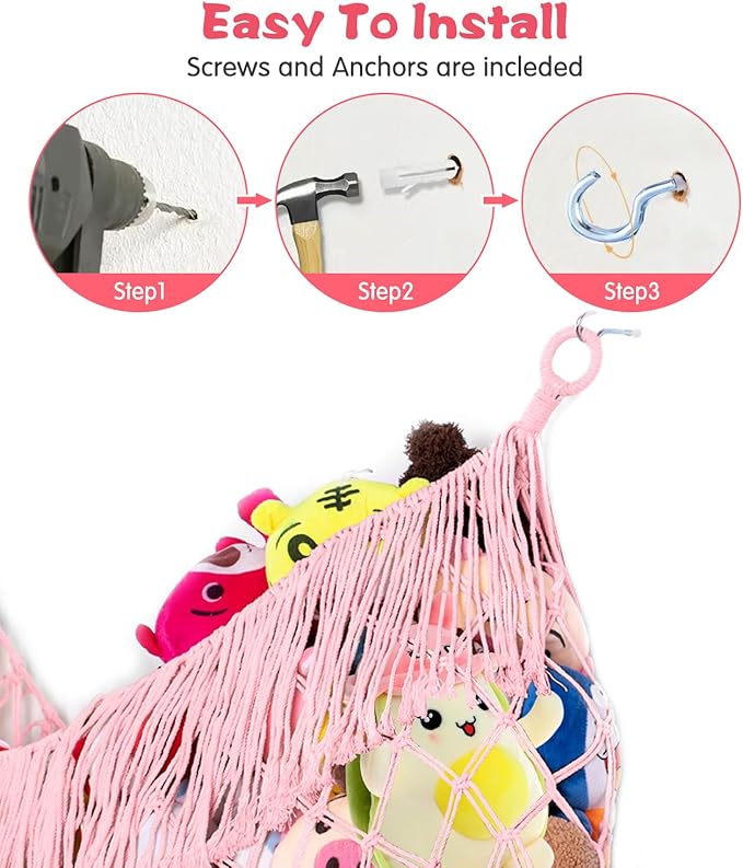 Stuffed Animal Hammock - Extra Large 56'' Long, Stuffed Animal Storage, stuffed animal Holder net, Hammock Large, Storage Hanging Organizer - Light Pink